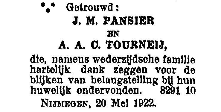 Klik voor foto in apart venster johan_marinus_pansier_en_johanna_alberta_christina_tourneij_dankbetuiging_huwelijk_de_gelderlander_19220523_003.png
